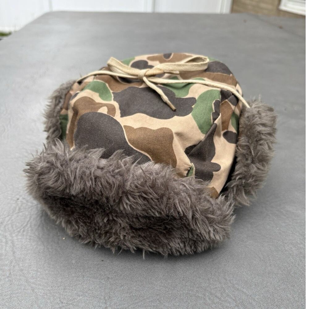 Vintage Browning Camouflage Down Hat Cap Fold Down Ear Flap Faux Fur Hunting XL